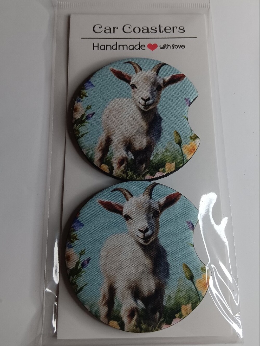 Handmade Goat Print Car Coasters - Blue Background